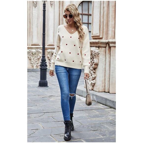 ECOWISH Women Valentine Heart Sweater V Neck Embroidery Knit Loose Casual Small - Picture 4 of 11